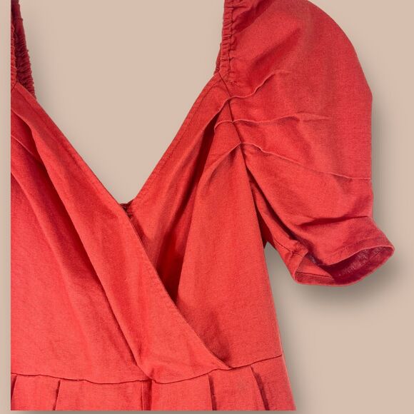 Womens Linen Blend Romper Size S Red Puff Sleeve Romantic Beachy Event Travel - Picture 7 of 11